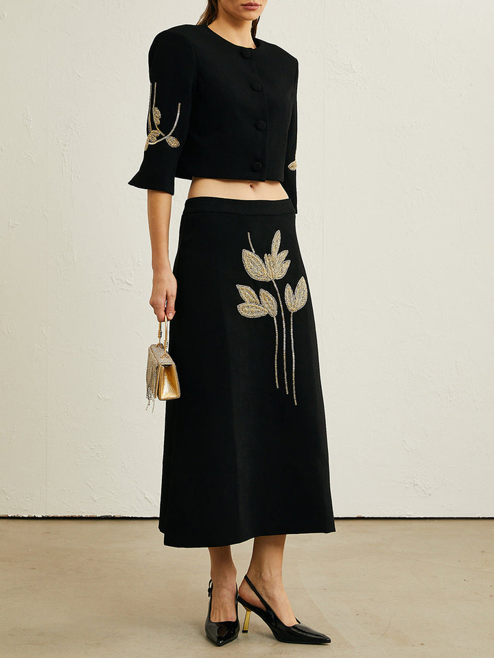 褶皱喇叭袖上衣和高腰裙套装，配腰带 – Rosiny 