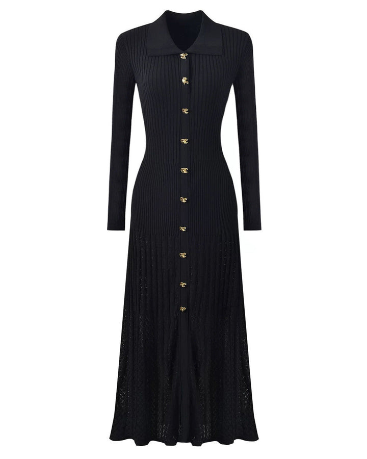 فستان ماكسي محبوك مضلع مع تفاصيل أزرار ذهبية - كيلينيت