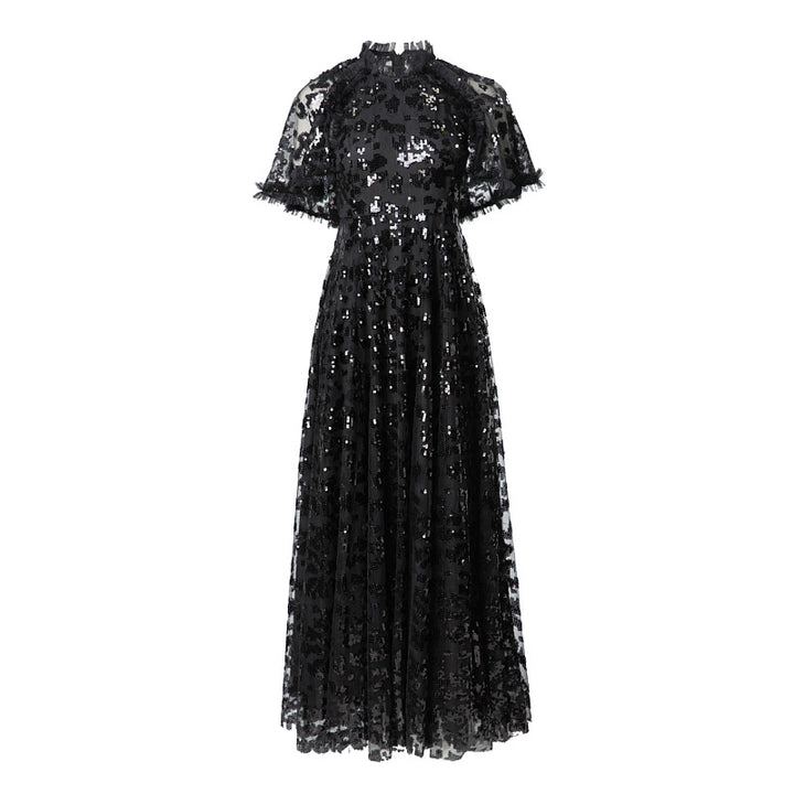 فستان ميدي من الدانتيل والترتر بأكمام منفوشة – أوريليا