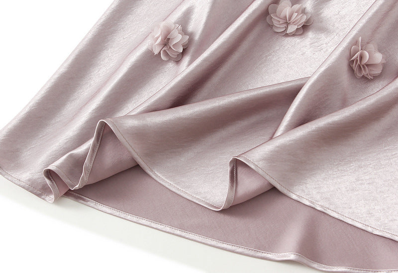 satin midi skirt with 3D floral appliqués – AMÉLIE