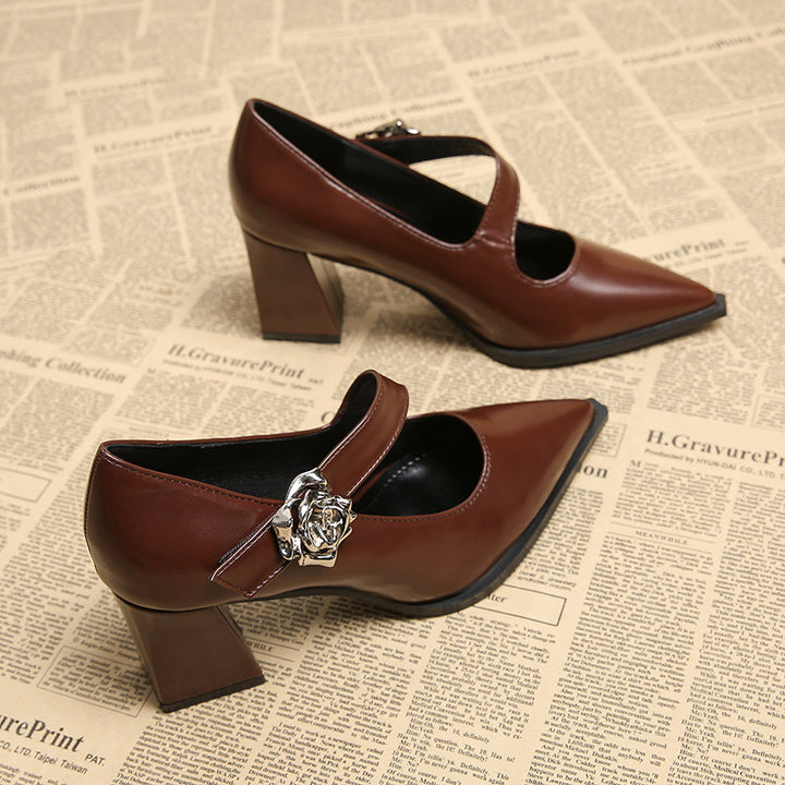 pointed toe block heels with floral strap detail – CAMILAQLI