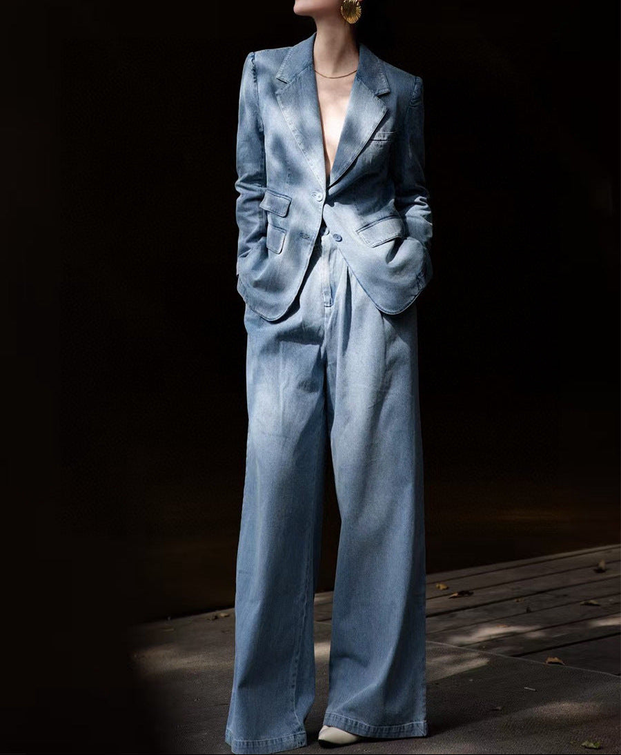 vintage denim blazer with wide-leg trousers – LEXA