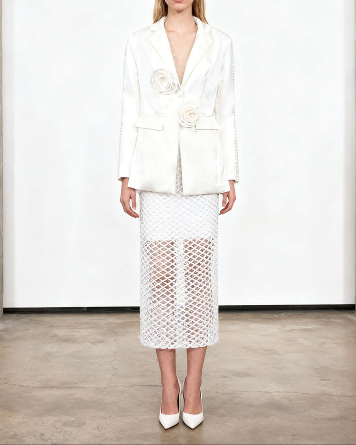 floral applique blazer and mesh midi skirt set – VELIXE