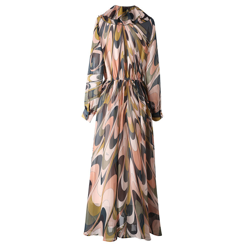 فستان ماكسي شيفون مطبوع مع رقبة مكشكشة – إيلورا