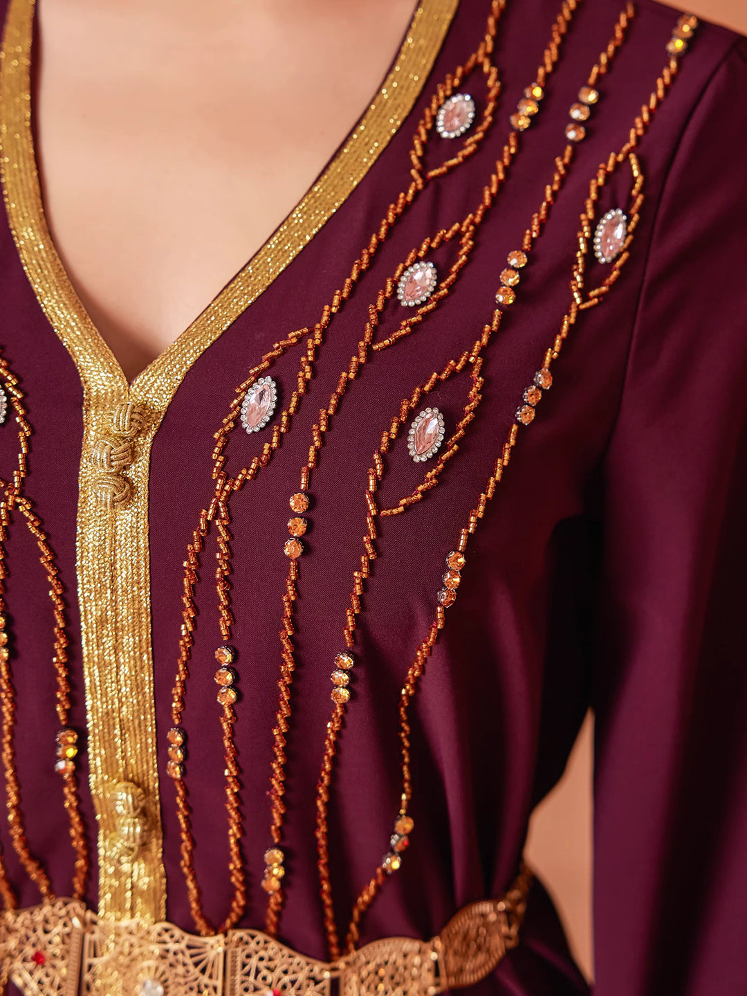 long sleeve kaftan dress with gold embroidered belt - AMAROKA