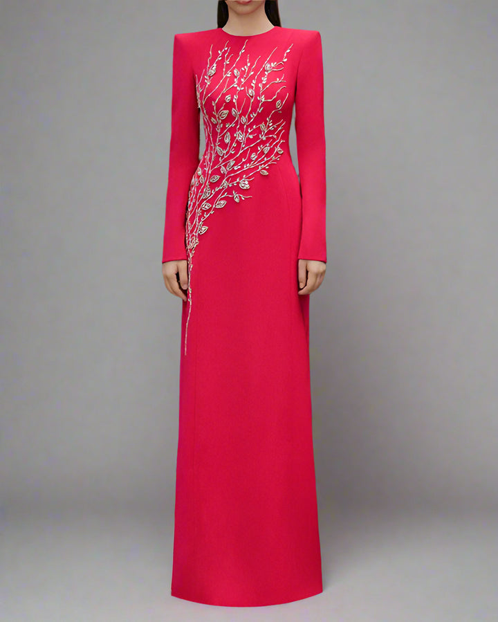 long-sleeve column gown with sequin branch embroidery – AUROZLI
