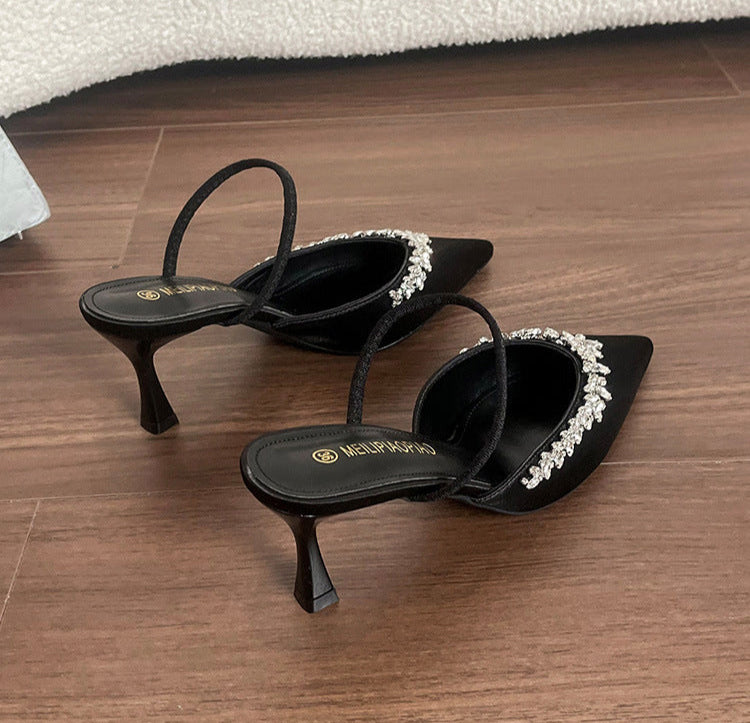 Satin pointed-toe mule with crystal strap - VERANA