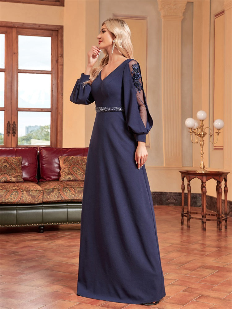 chiffon-sleeve evening gown with beaded waist – MIDNIGHT POISE