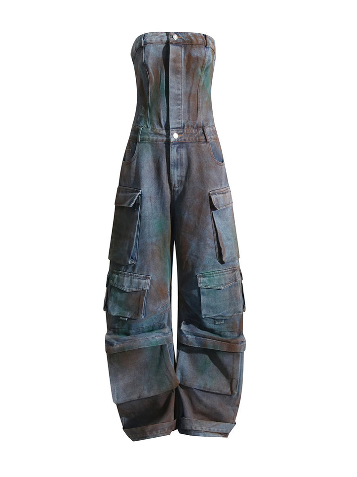 strapless denim cargo jumpsuit with wide-leg design – NOLIVIRA