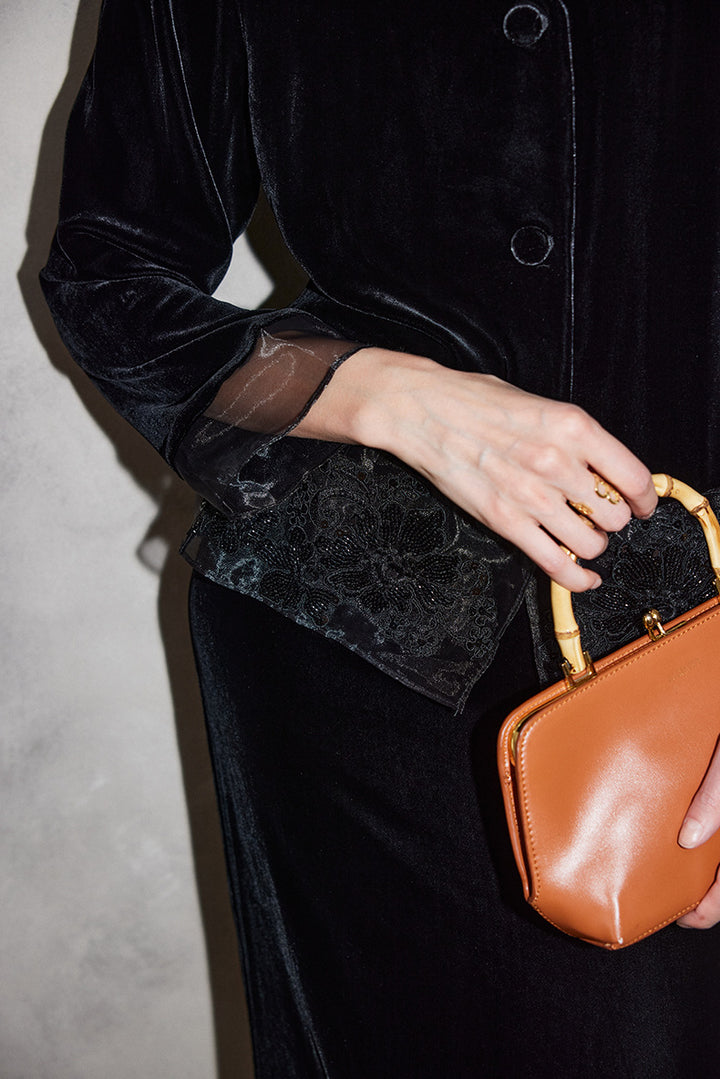 velvet button-front jacket with sheer lace hem – SUMMR