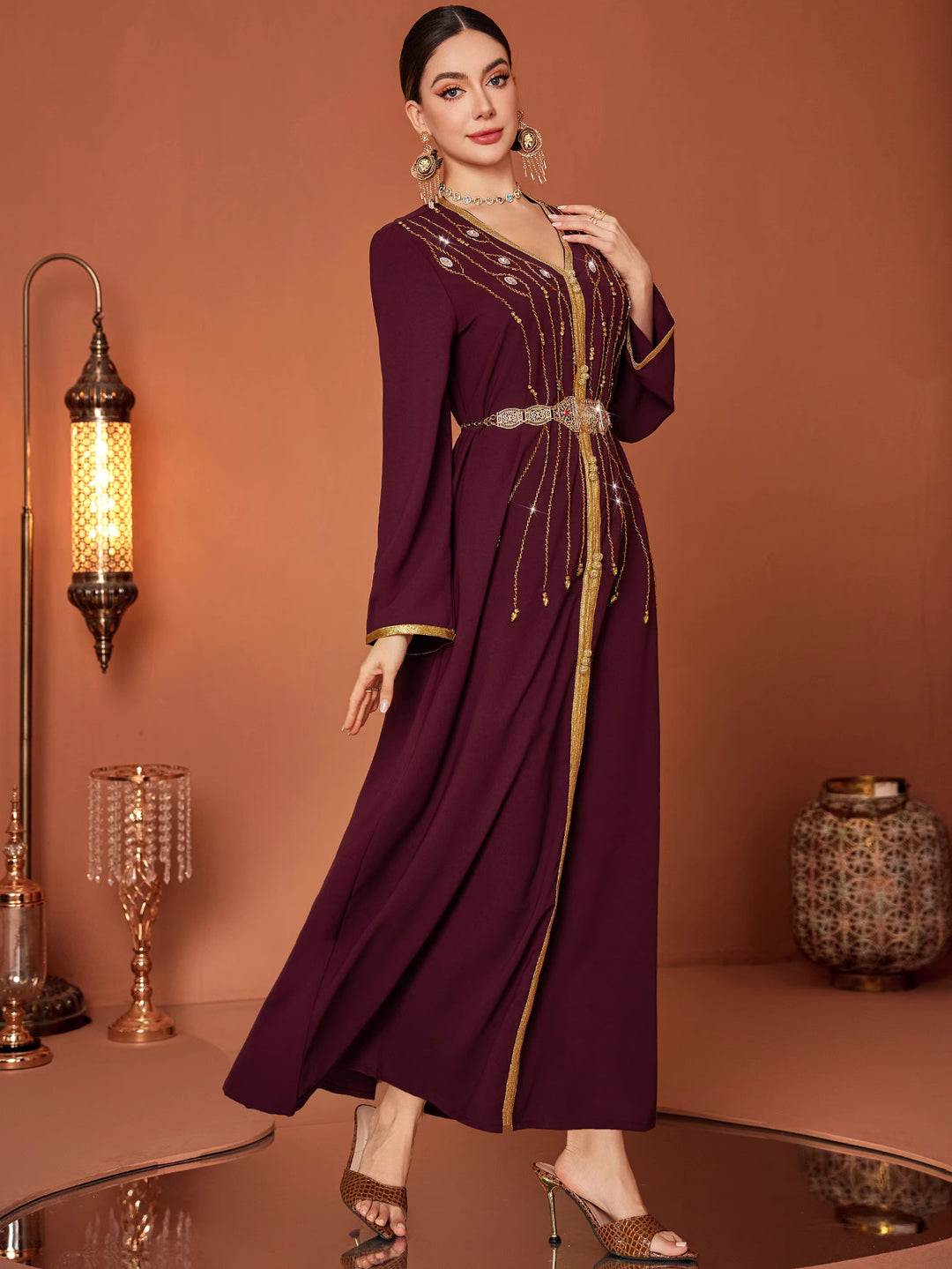 long sleeve kaftan dress with gold embroidered belt - AMAROKA
