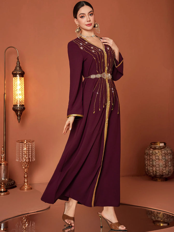 long sleeve kaftan dress with gold embroidered belt - AMAROKA