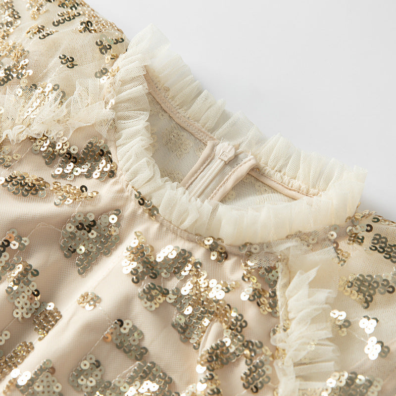 فستان ميدي من الدانتيل والترتر بأكمام منفوشة – أوريليا