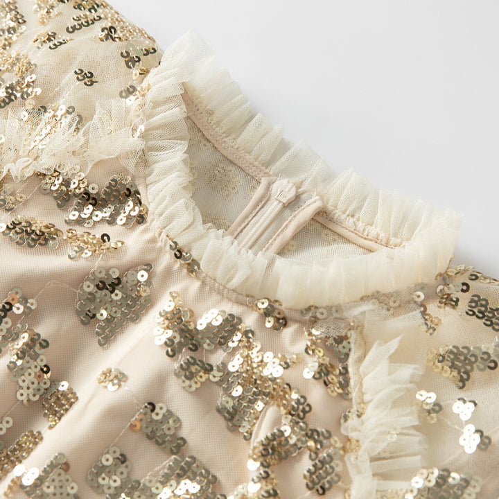 فستان ميدي من الدانتيل والترتر بأكمام منفوشة – أوريليا