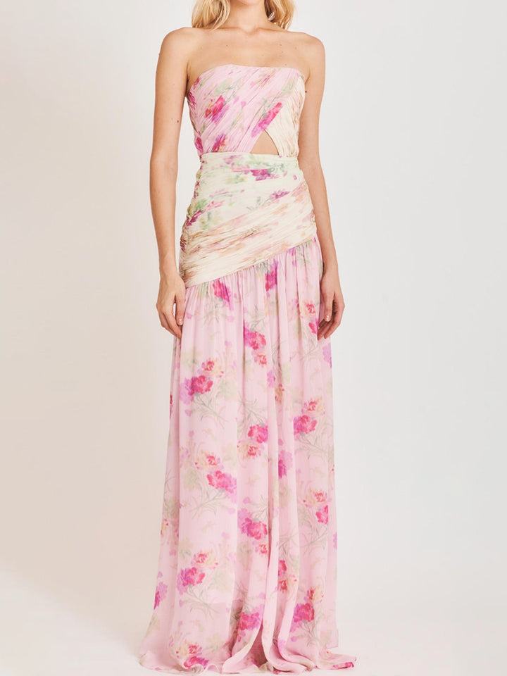 فستان شيفون بدون حمالات بطبعة زهور باستيلية – أميلييتري