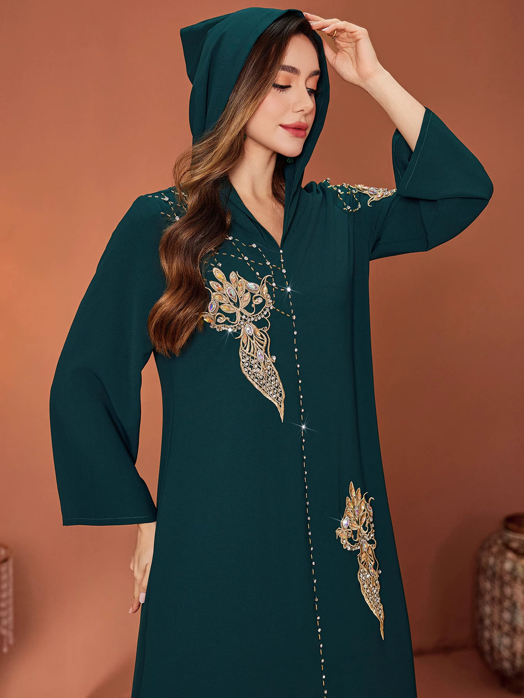 flared sleeve kaftan dress with embellished appliqués - AMIRZANU