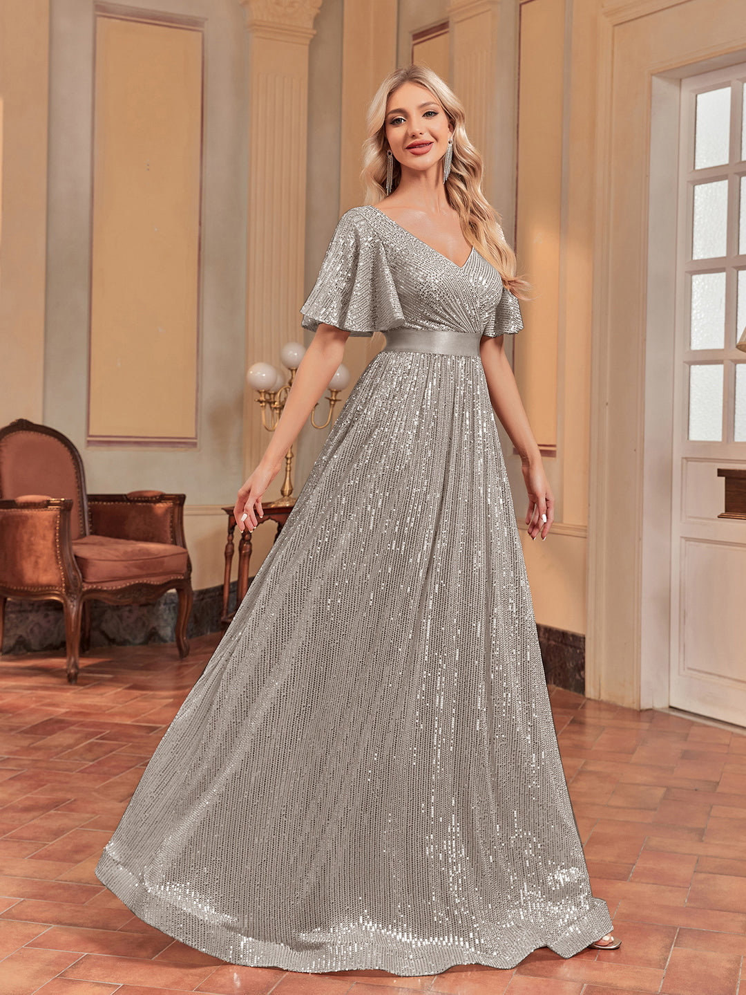 Geplooide top met uitlopende mouwen en maxi-rok set met tailleband – Rosiny 