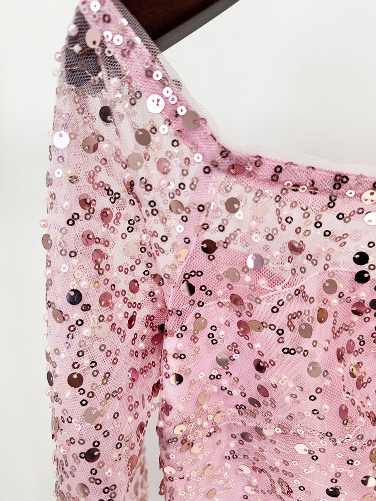 off-shoulder sequin gown with sheer sleeves – MIDNIGHT