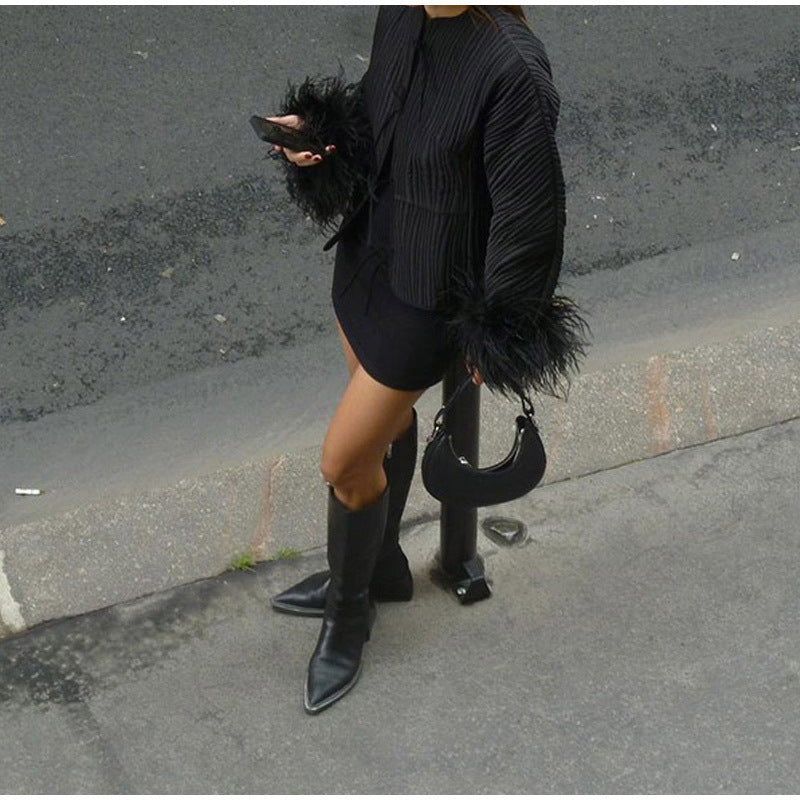 quilted jacket with feather-trimmed sleeves – BOGTAR