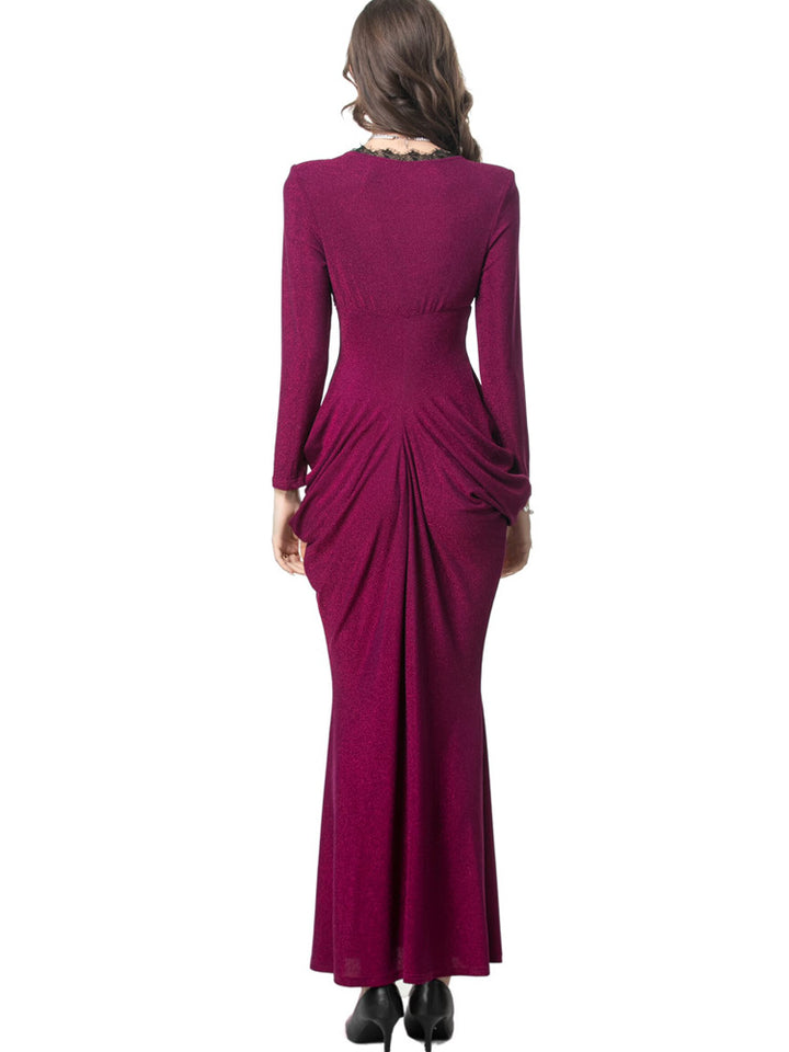 long sleeve draped mermaid gown with lace neckline - SERENZA