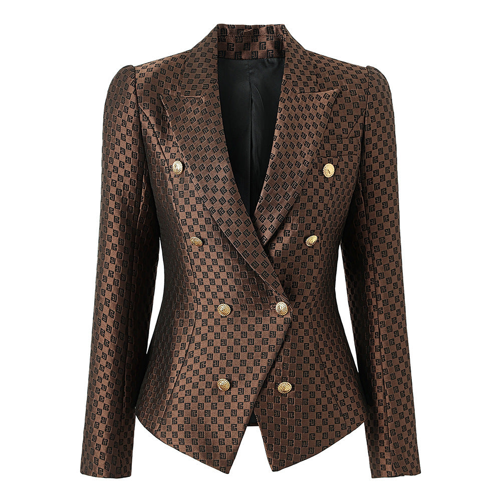 Monogram jacquard double-breasted blazer with gold buttons – BRONZE
