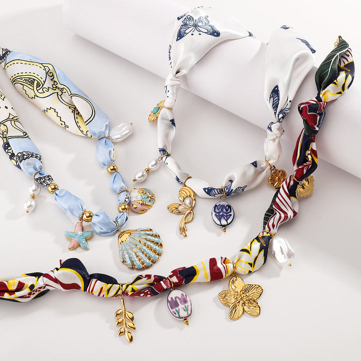 silk scarf necklace with charm pendants – SELENEVRI