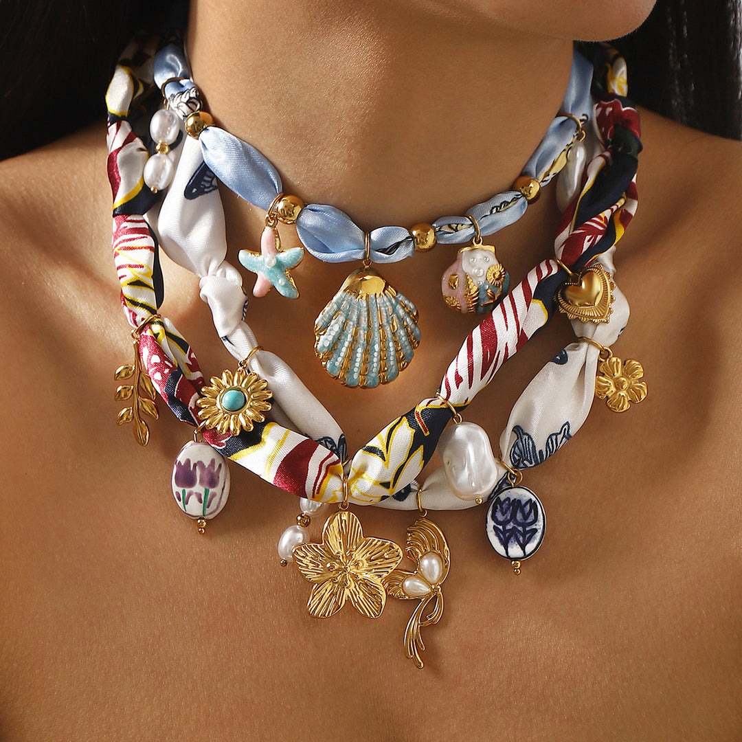 silk scarf necklace with charm pendants – SELENEVRI