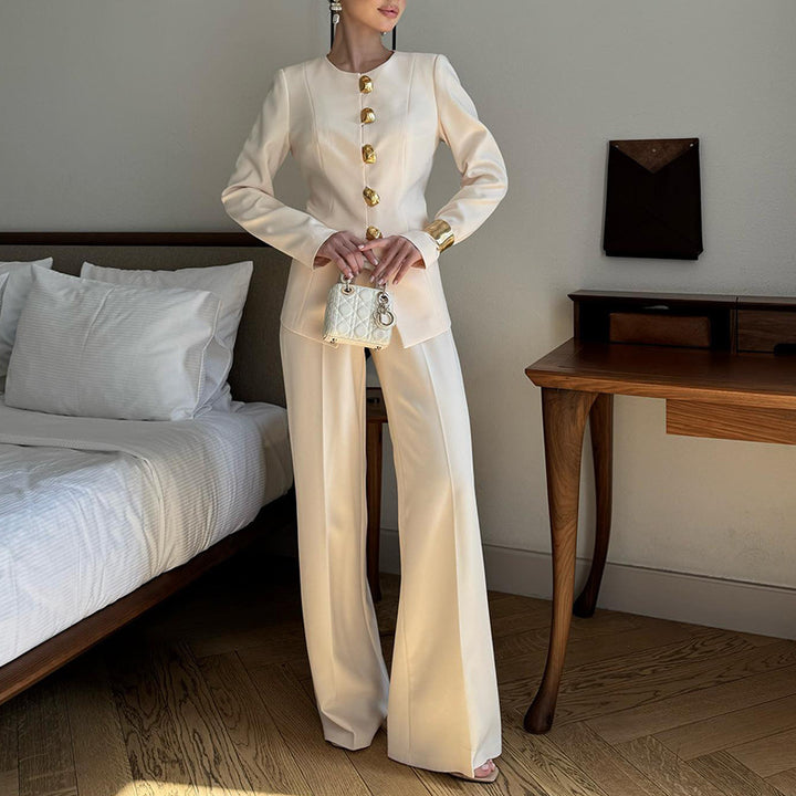 tailored ivory blazer set with gold statement buttons – AURELIE