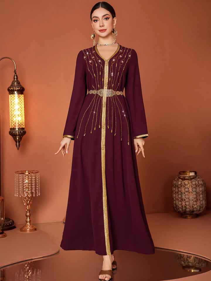 long sleeve kaftan dress with gold embroidered belt - AMAROKA