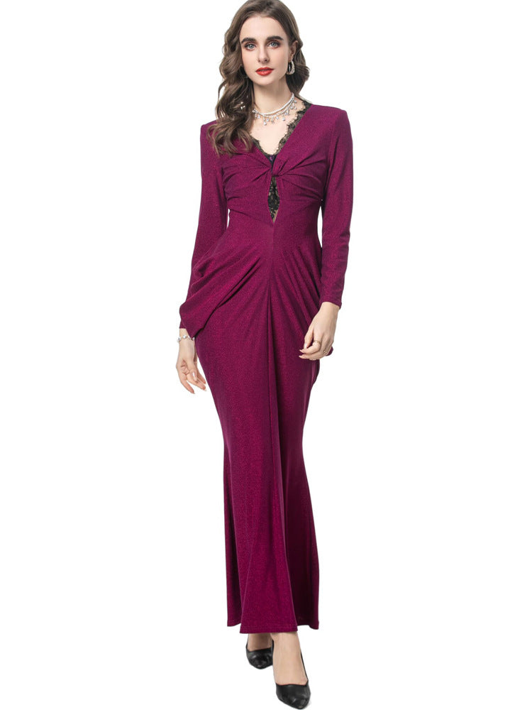 long sleeve draped mermaid gown with lace neckline - SERENZA