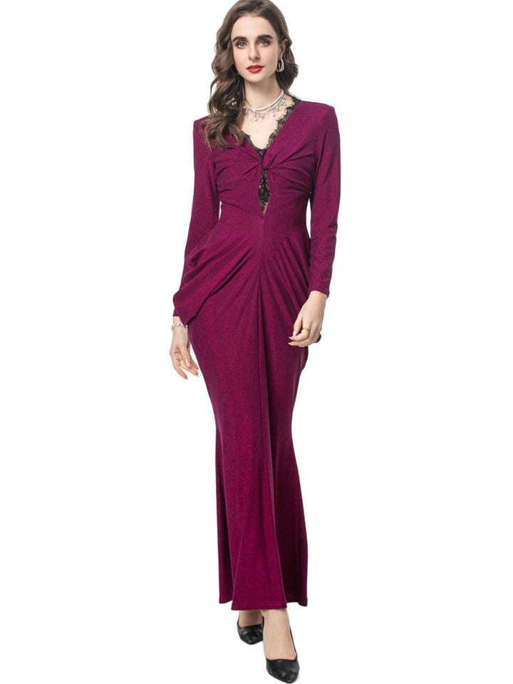 long sleeve draped mermaid gown with lace neckline - SERENZA