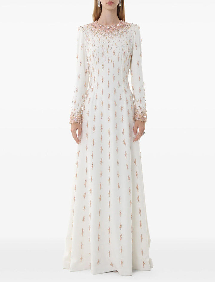 long-sleeve embellished gown with sequin gradient neckline - AMARA