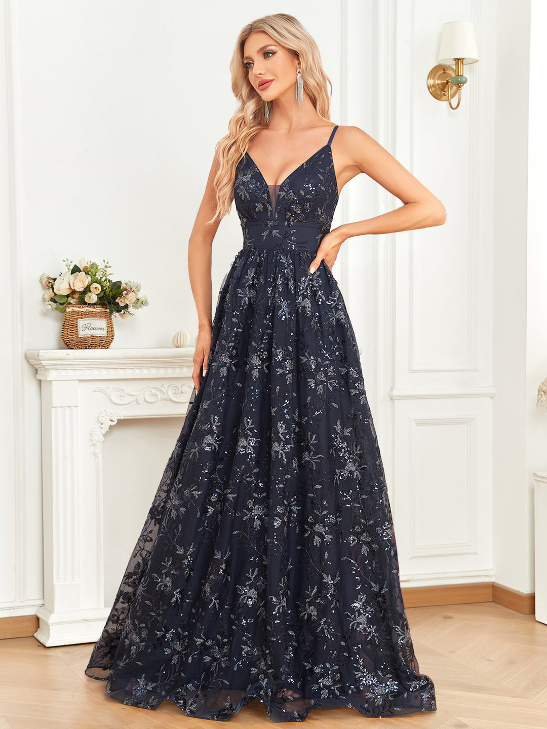 floral embroidered gown with illusion neckline – STARRY