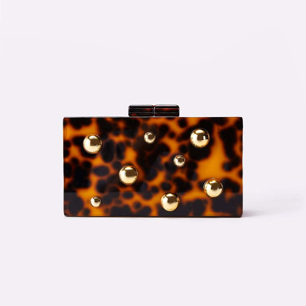 Tortoiseshell box clutch with gold stud accents – BASMA