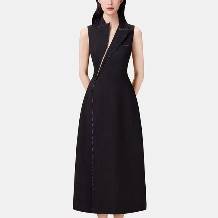 Sleeveless tailored lapel midi dress with contrast stitching – IVERA