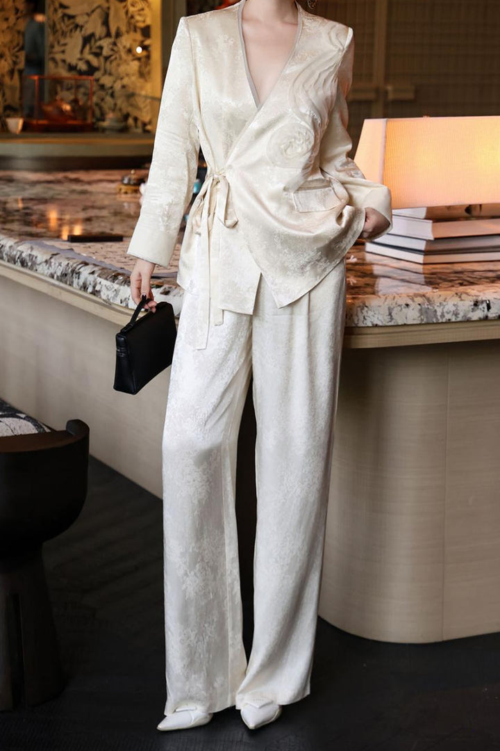 jacquard wrap blazer with wide-leg satin trousers – SERAPHINE