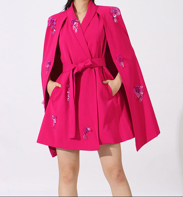 embellished cape mini dress with belted waist – FUCHSIA