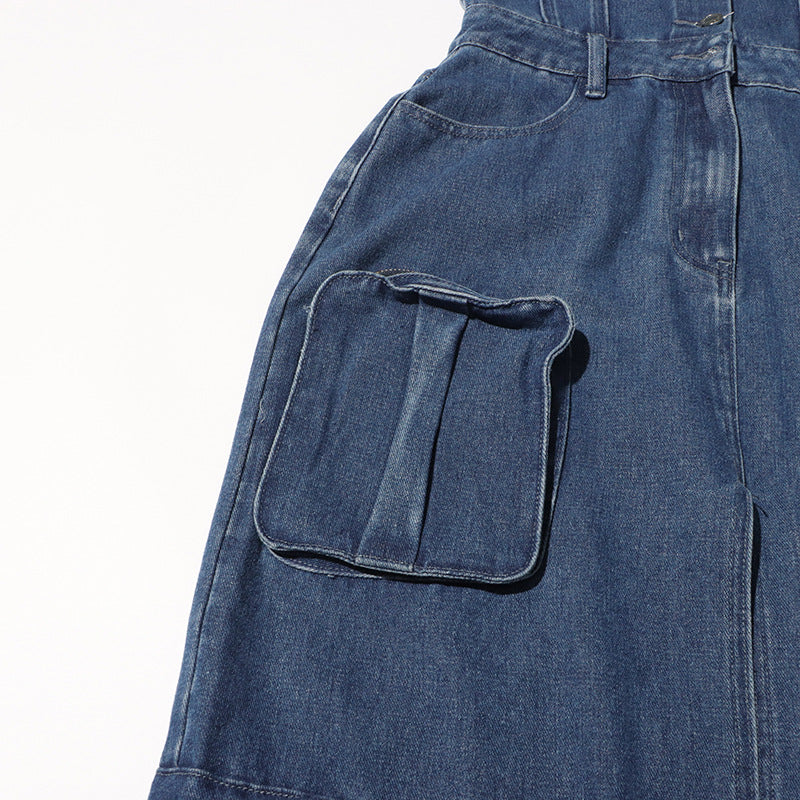 فستان ماكسي جينز بدون حمالات مع جيوب واسعة – رايلي