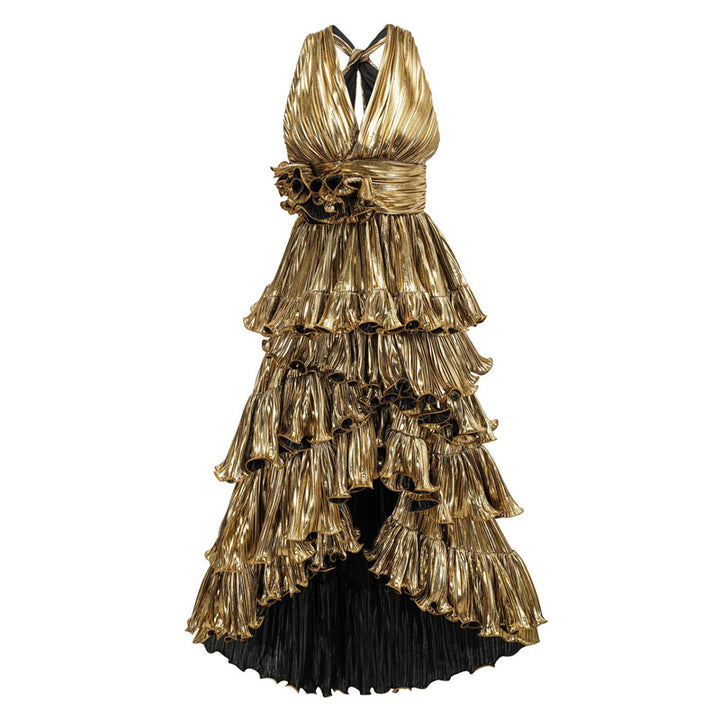 فستان قصير بياقة عالية وأكمام مكشكشة – عاجي