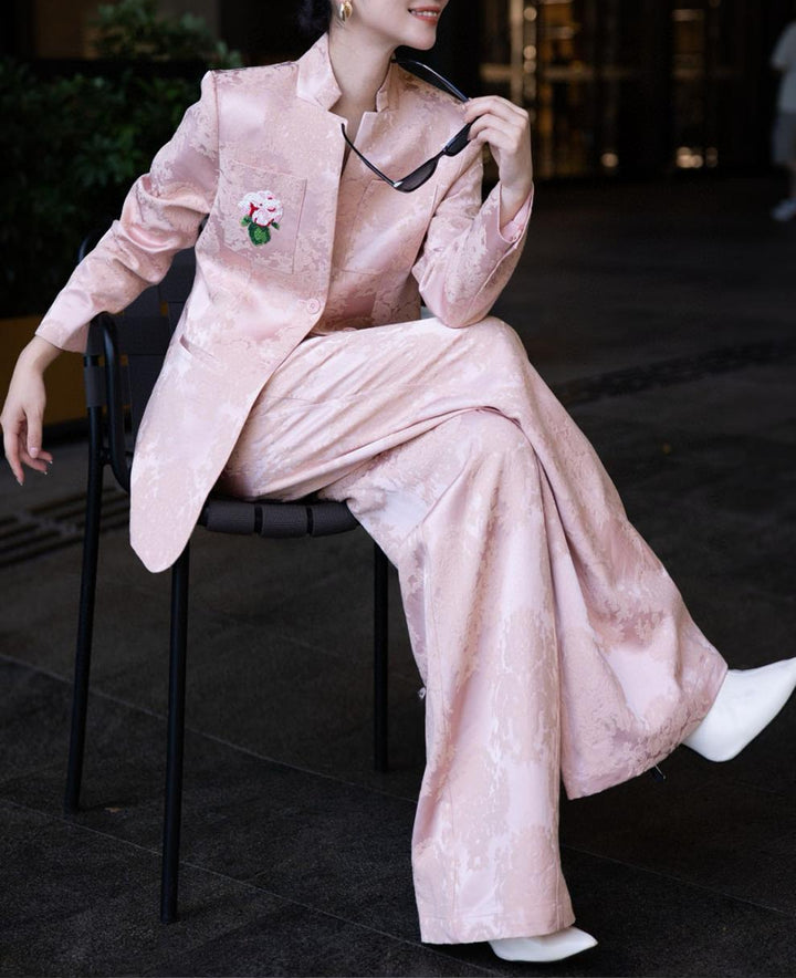 brocade tailored pantsuit with floral patch – VERDANA