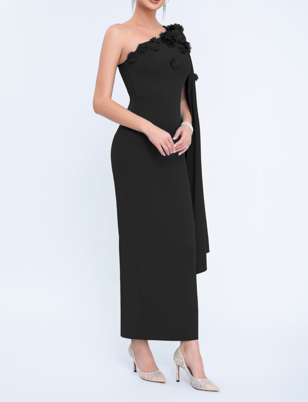 one-shoulder column dress with floral appliqué cape – AURELIATU