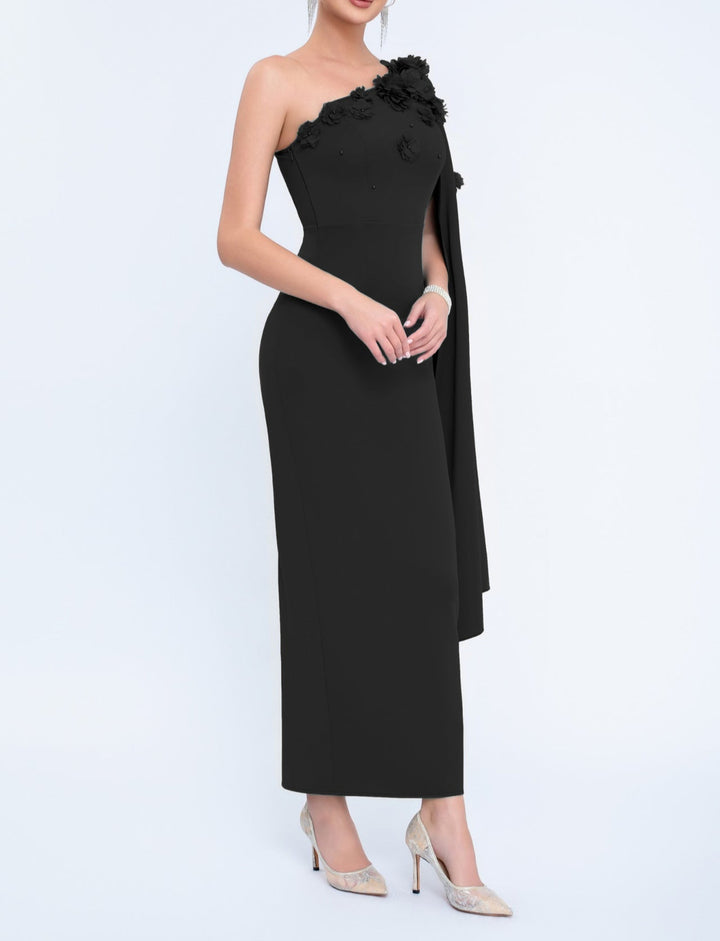 one-shoulder column dress with floral appliqué cape – AURELIATU