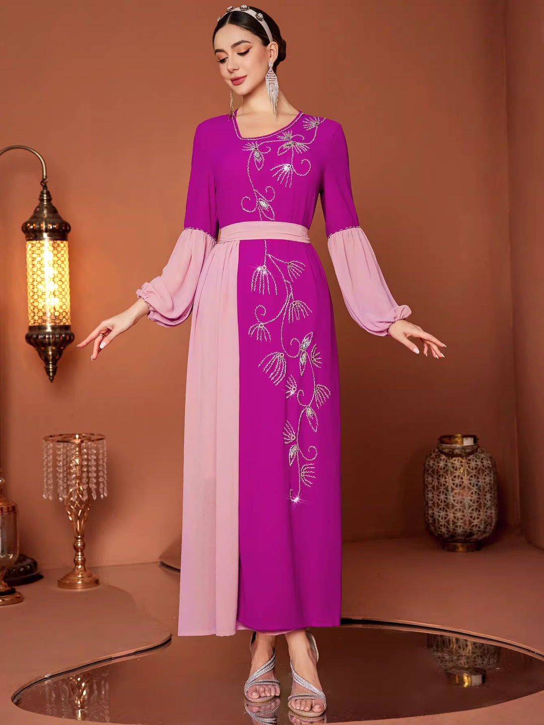 Embroidered Color-Block Maxi Dress with Chiffon Sleeves – VIOLETTE