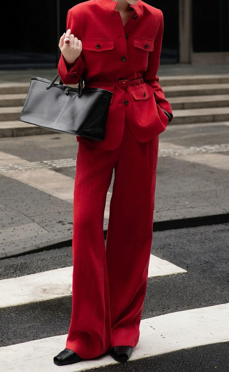 belted mandarin-collar blazer with wide-leg pants – ROSETTA