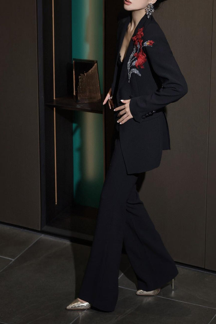black tailored blazer with floral bead appliqué – AURA