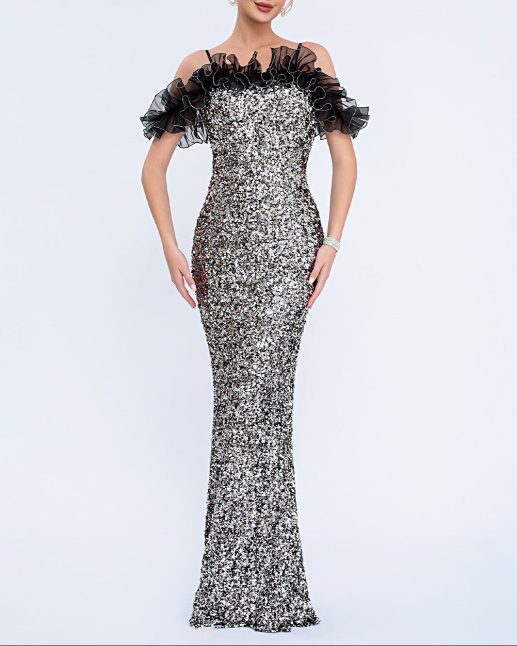 off-shoulder sequin gown with ruffled neckline – SERERAL