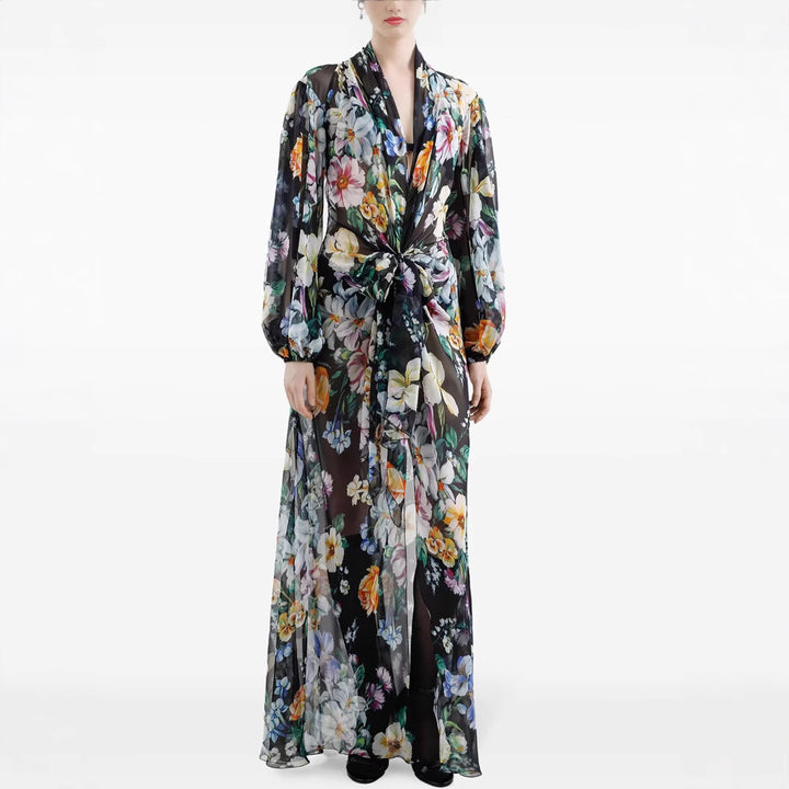 فستان ماكسي شيفون مزهر برباط أمامي – سيرينا