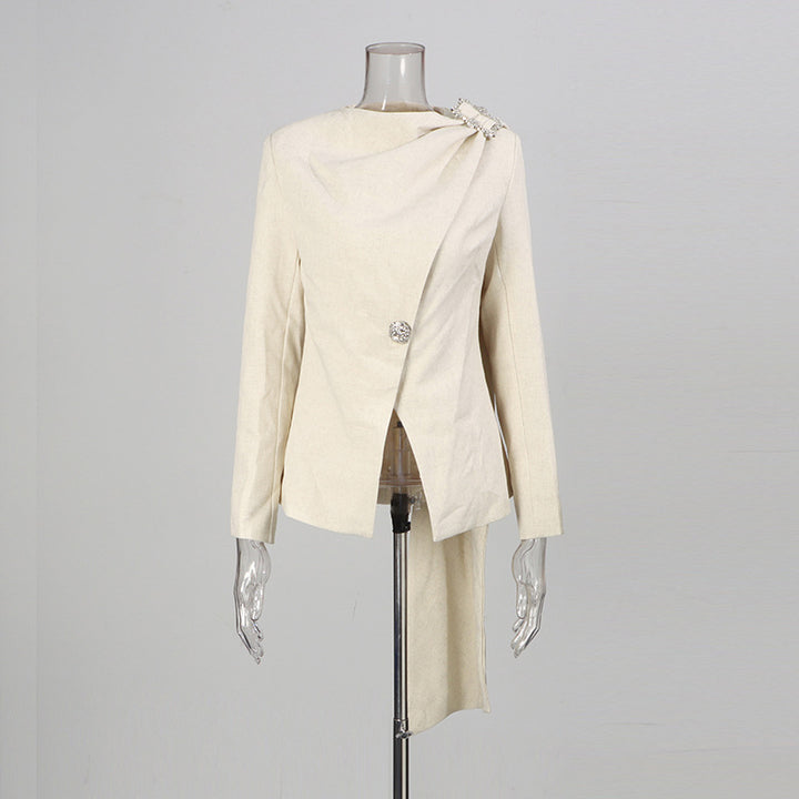 asymmetric draped blazer with crystal shoulder detail – IVORYA