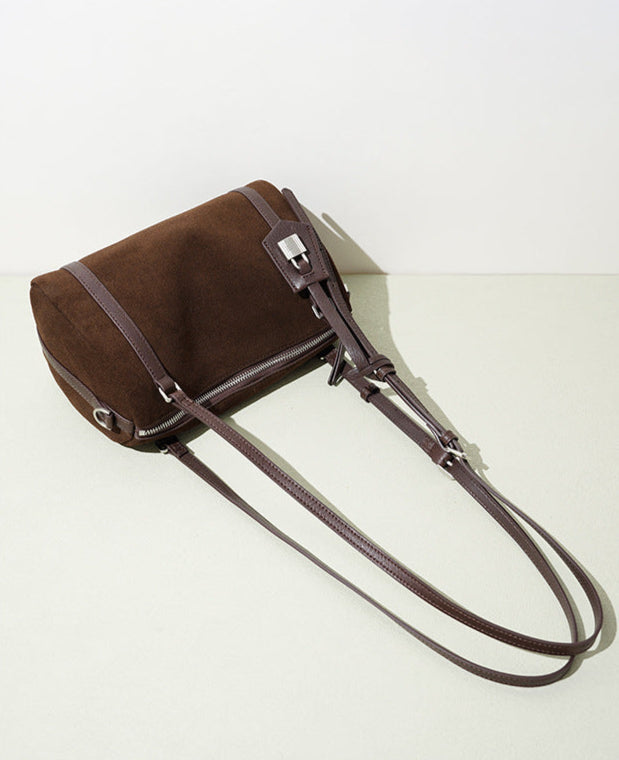 suede shoulder bag with leather trim and lock charm – ALBALI