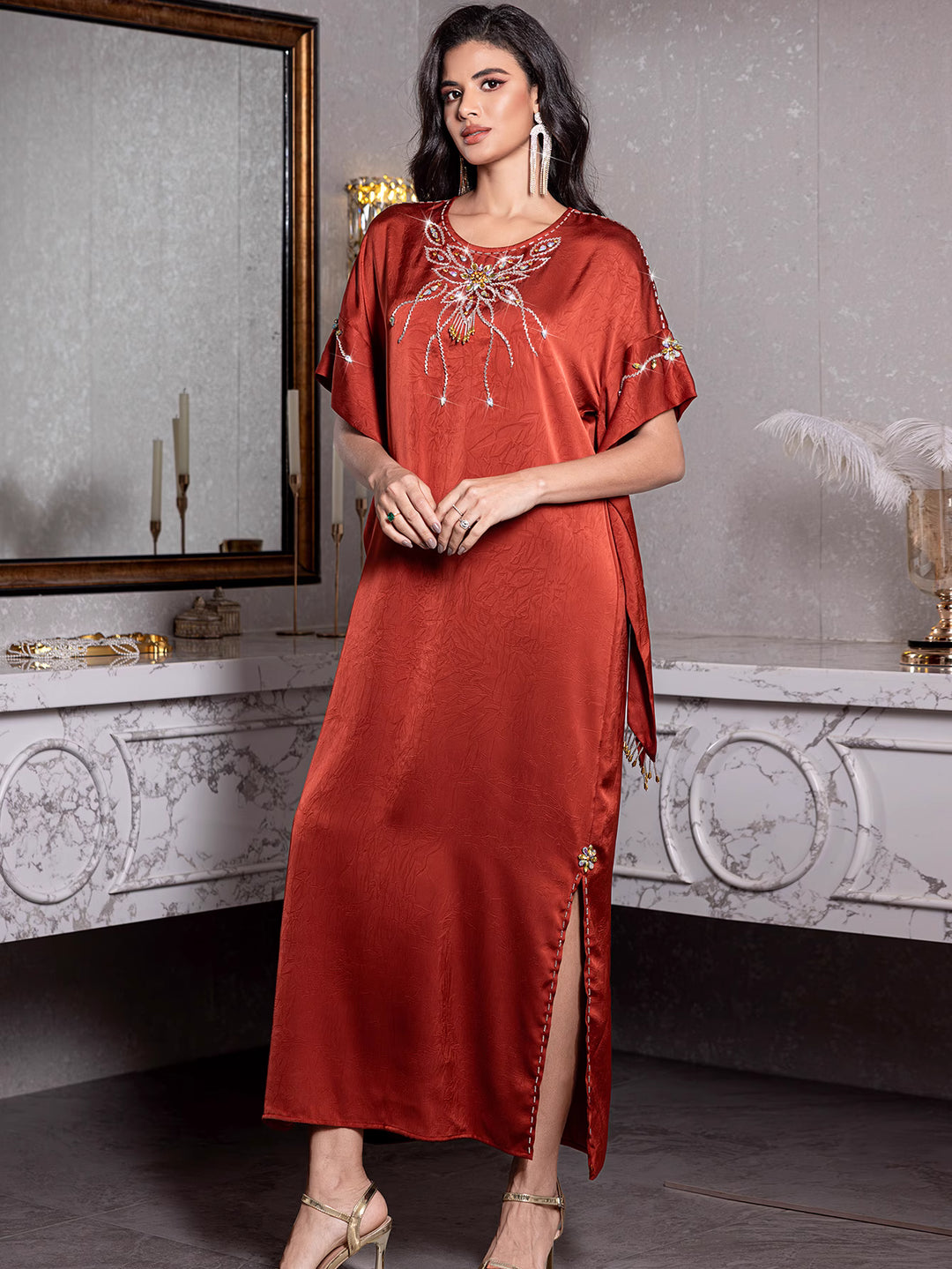 short-sleeve satin dress with embellished neckline - ZARAZLU